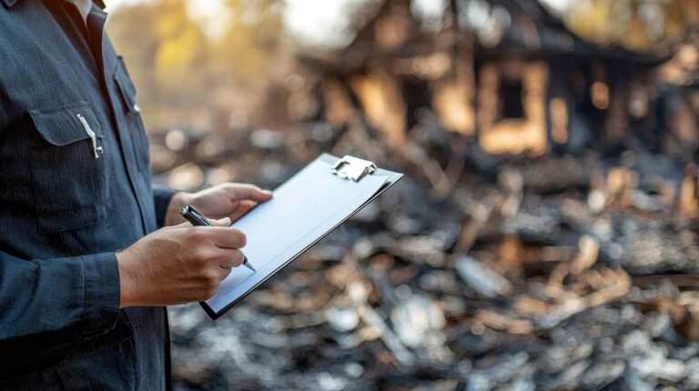 Technician assessing fire damage and documenting property loss with clipboard after house fire – Paul Davis Restoration Idaho Falls ID.