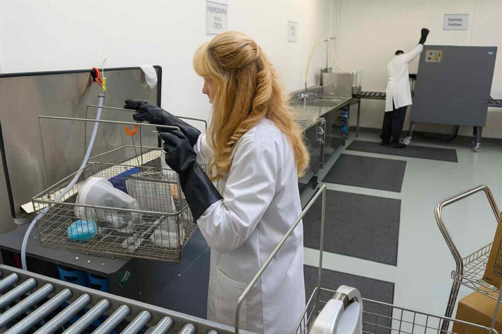 Technician performing contents cleaning and sanitization of household items in controlled environment – Paul Davis Restoration Idaho Falls ID.