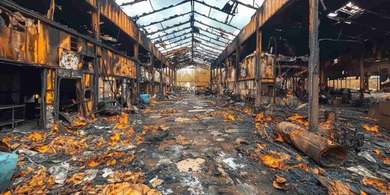 Commercial fire damage inside warehouse in Idaho Falls, ID with heavy smoke, soot, and structural destruction requiring professional fire and smoke restoration services